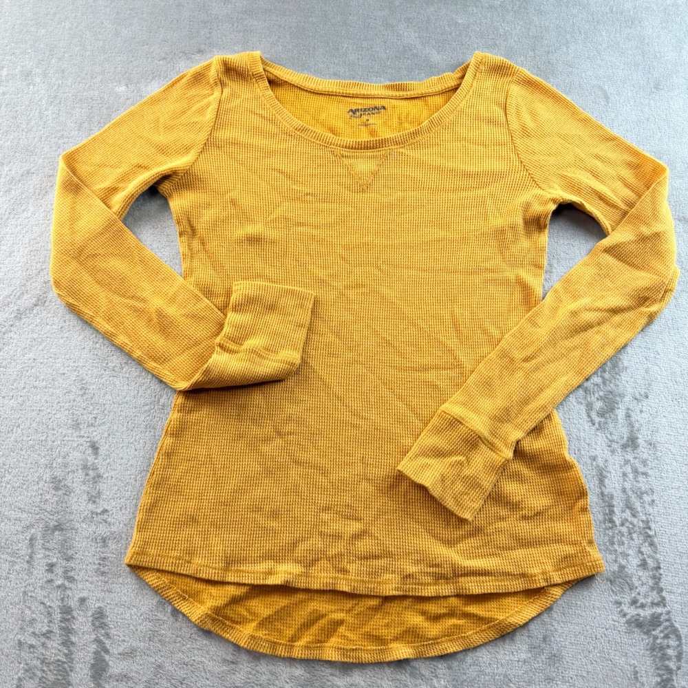 Arizona Jean Co Womens Medium Mustard Yellow Waffle Knit Thermal Long Sleeve Top